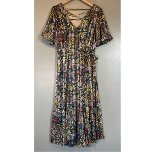 Pleated Faux Wrap Lace Up Midi Dress Puff Sleeve Large Love & Piece Navy Floral